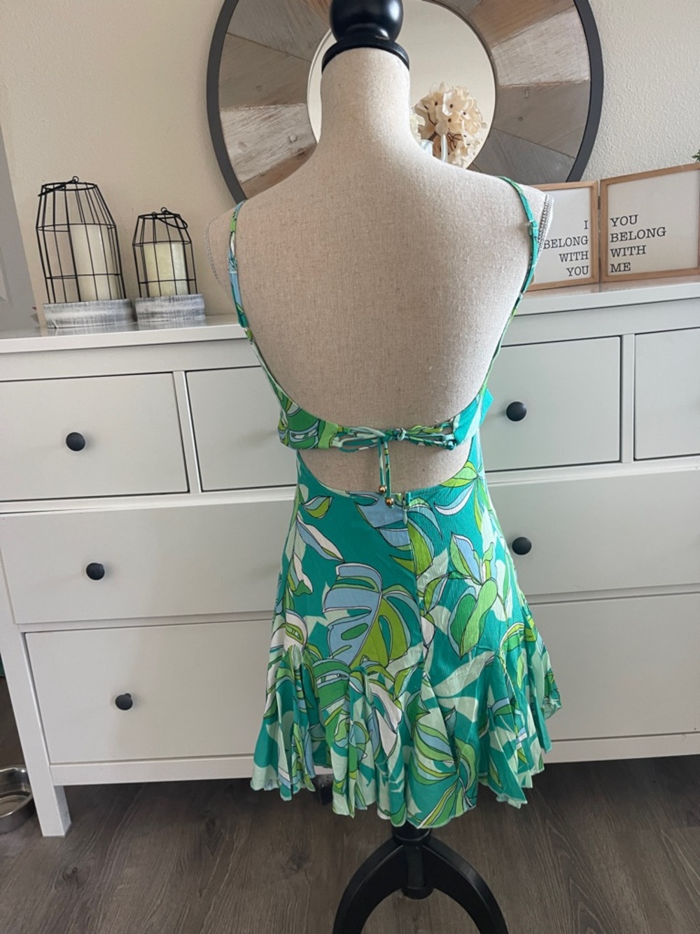 Floral Green Mini Dress with Spaghetti Straps - Picture 2 of 3
